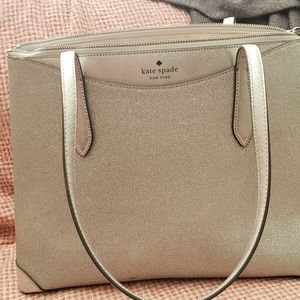 Kate Spade 10.6"h x 14.6"w x 5.4" handle drop: 11"glitter fabrictrim: saffian